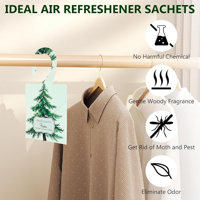 24 Packs Cedar Sachets for Drawers and Closets, Drawer Deodorizers Closet Freshener Scented Sachets with 10 Hanging Bags Home Fragrance, Long Lasting