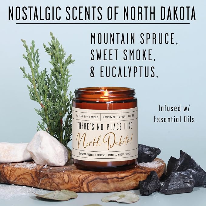 North Dakota Gifts, North Dakota Decor for Home - 'There's No Place Like North Dakota Candle, w/Spruce, Smoke & Eucalyptus I North Dakota Souvenirs State Gifts I 9oz Jar, 50Hr Burn, USA Made