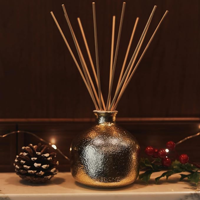 2025 Gold Holiday Diffuser | Refillable, Contains Essential Oil, Sustainable Wellness, Hand Finished, Premium, Luxury Ceramic, Rattan Reeds