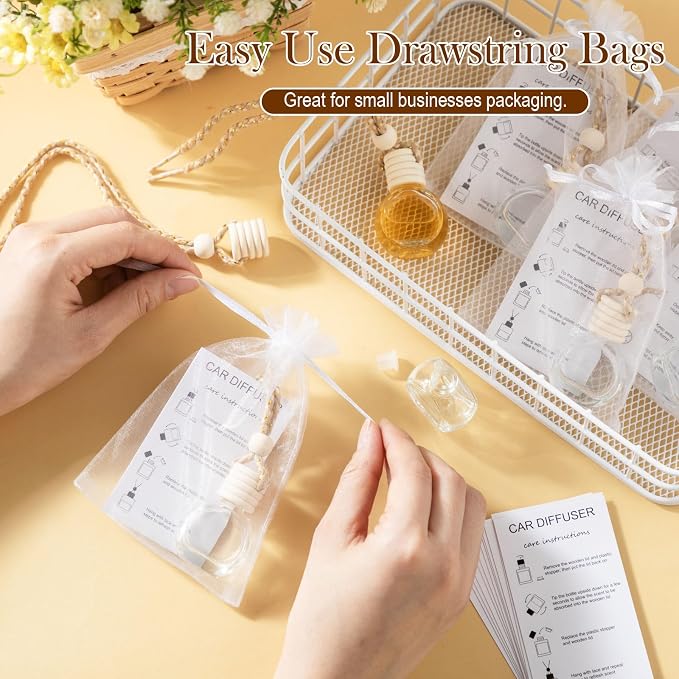 Boao 25 Sets Hanging Car Air Freshener Diffuser Bottles Empty Bulk with Car Diffuser Instruction Cards Organza Bags Glass Refillable Essential Oil Fragrance Aromatherapy Pendant (Round,Clear)