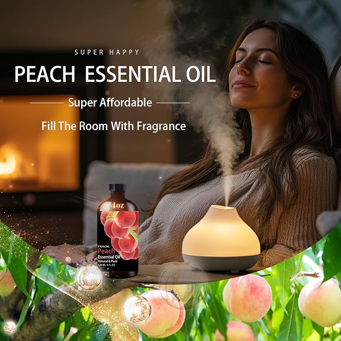 Peach Essential Oil, Peach Oil 4 Fl Oz 120ML for Diffuser Humidifier Yoga Cleaning DIY Candle Soap Making Perfume Gift for Women Essential Oils FRAOIL (Peach 4 Fl Oz (Pack of 1))