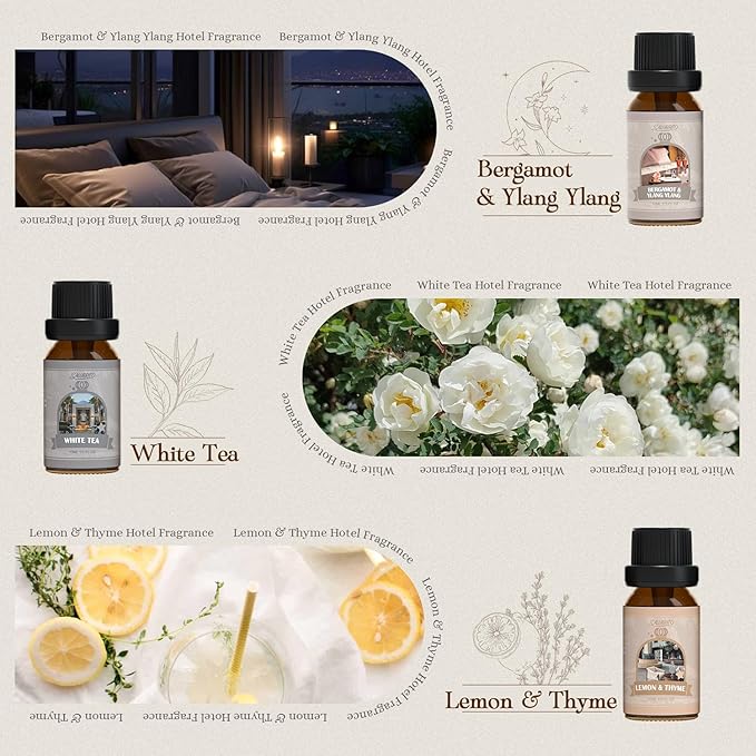SALUBRITO Hotel Fragrance Oil Set, Luxury Essential Oil Set for Diffuser, Candle, Soap Making Scents, Bergamont & Ylang-ylang, White Tea, Lemon & Thyme, Citrus Bliss, Lemon Tuberose, Jasmine & Mint