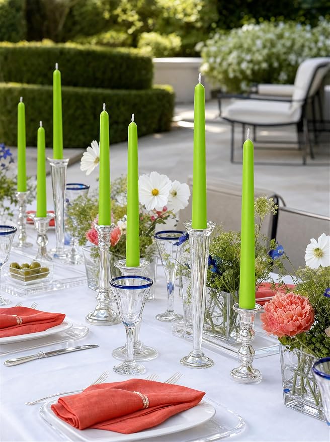 10" Classic Taper Candles, Apple Green, 4-Pack, 7-8 Hours Long Burning, Unscented Tall Candlesticks