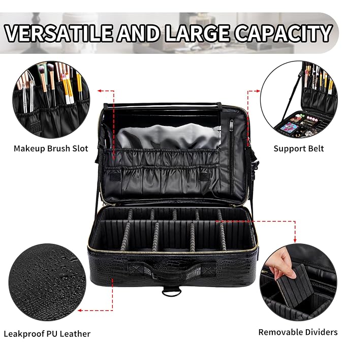 gzcz Large Capacity Travel Makeup Case Organizer,Professional Cosmetic Bags for Women,Waterproof PU Leather Makeup Bag with Adjustable Dividers and Shoulder Strap for Brushes and Jewelry