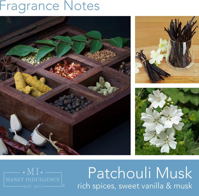Manly Indulgence Patchouli Musk Scented Candles for Men, 2 Wick, 15 oz Premium Soy Blend Wax, 60H Burn, Candles for Home Scented – Made in The USA