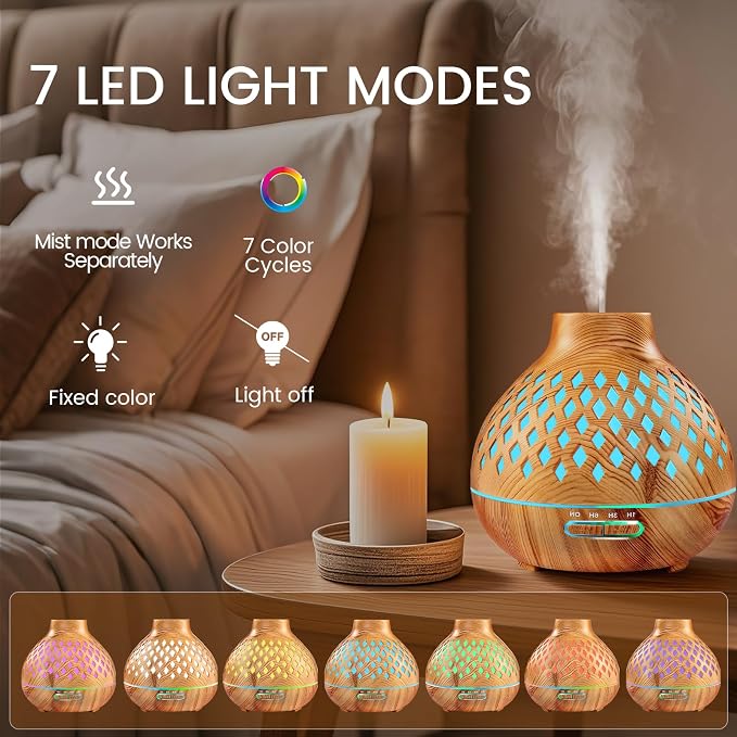 Aeshory Aromatherapy Diffuser & 12 Essential Oils Set, 550ML Aromatherapy Diffuser for Home, Ultrasonic Cool Mist Humidifier with Remote Control 4 Timer 7 Color LED Light, Waterless Auto Off, Light