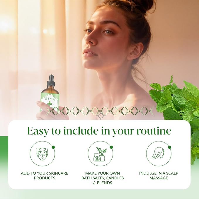 Siva Peppermint Essential Oil 4 Fl Oz – for Diffuser, Skin & Hair Care – Ideal for Aroma, Massage & DIY Blends- with Dropper