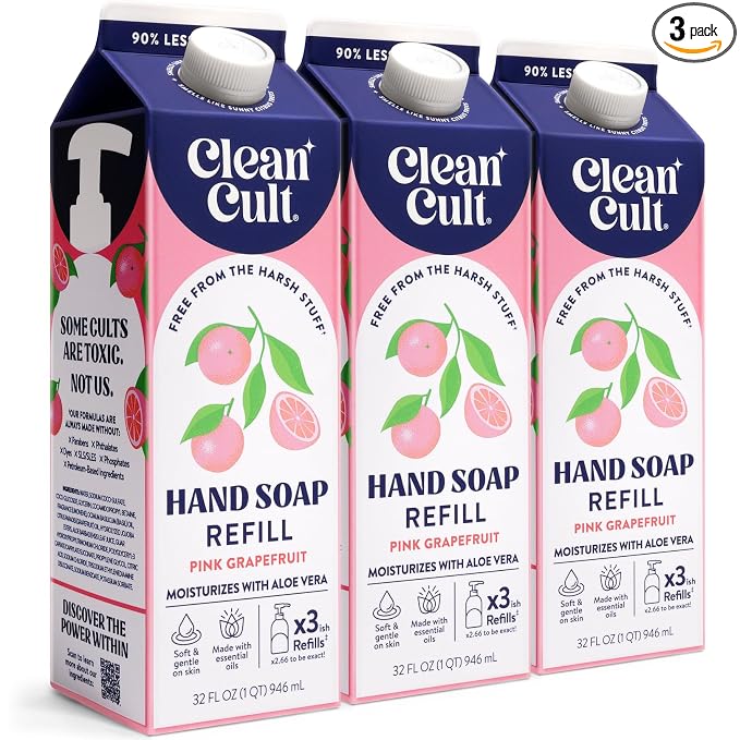 Cleancult Liquid Hand Soap Refill - Pink Grapefruit- Moisturizes Dry & Sensitive Skin - Made with Aloe Vera & Essential Oils - Eco Friendly - Paper-Based Packaging - 32 oz/3 Pack