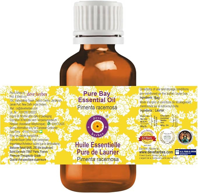 dève herbes Bay Essential Oil (Pimenta racemosa) with Glass Dropper | Pure | Non-Sticky | Non-Greasy | Lightweight | Men & Women | All Skin Types | Steam Distilled 50ml (1.69 oz)