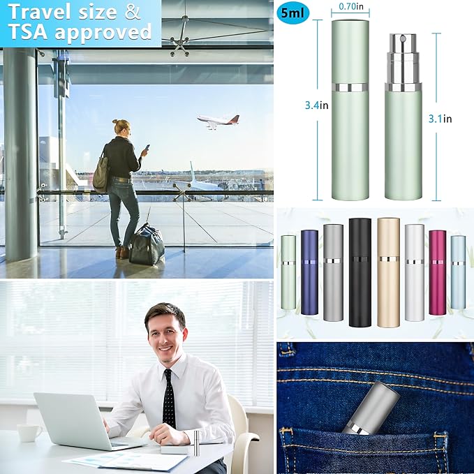 Refillable Perfume Atomizer Travel Bottle 5ml Leakproof Luxury Travel Perfume Refillable Bottle, Portable Fragrance Atomiser (Light Green)