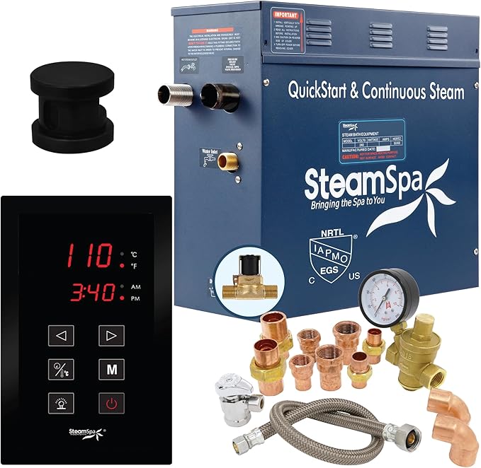Premium 7.5 KW QuickStart ACU-Steam Bath Generator Package with Built-in Auto Drain in Matte Black Finish|Touch Panel Control System|PRT750MB-A