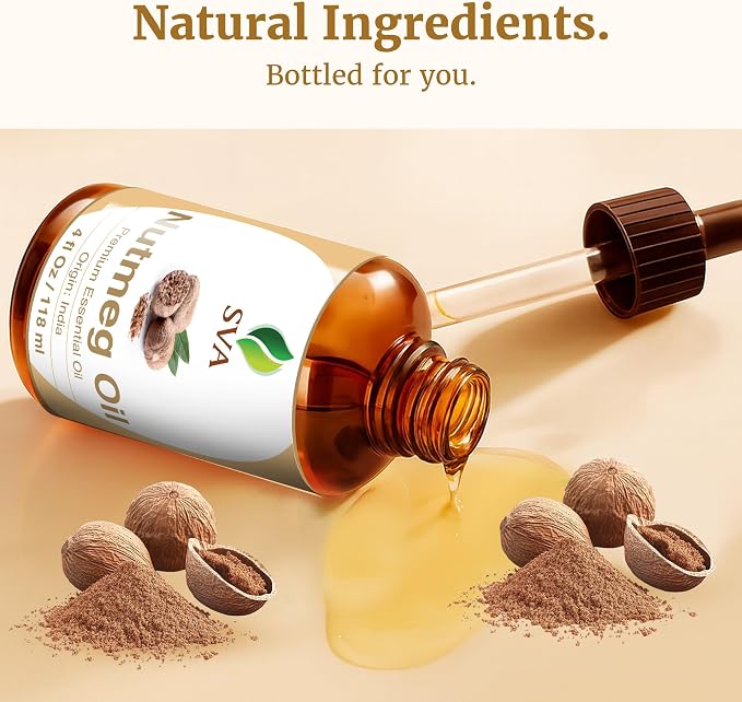 SVA Nutmeg Essential Oil – 4 Fl Oz – 100% Natural Nutmeg Oil - for Diffuser, Hair Care, Face, Skin Care, Aromatherapy, Scalp and Body Massage, Soap and Candle Making – with Dropper