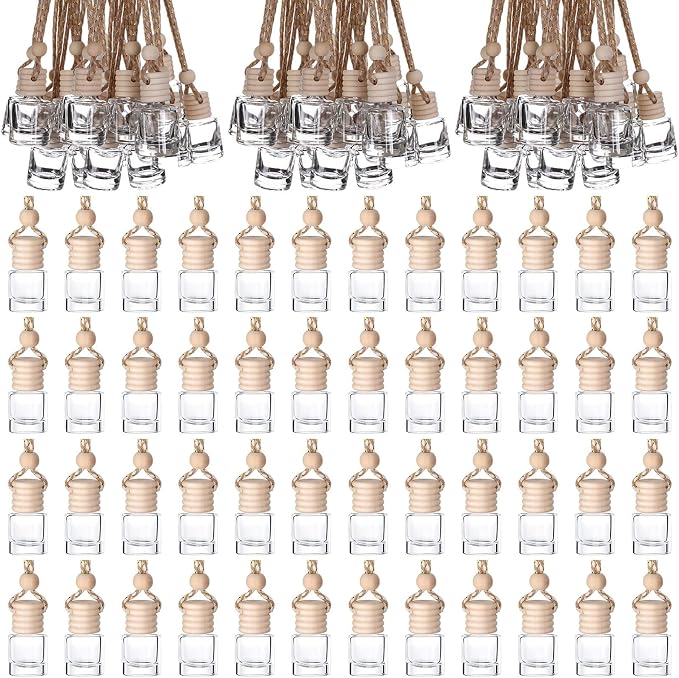 208Pcs 8ml Hanging Car Air Freshener Diffuser Cylindrical Empty Clear Glass Essential Diffuser Oil Aromatherapy Fragrance Perfume Pendant Glass Vial with Wooden Caps Hanging String Car Diffuser Bottle