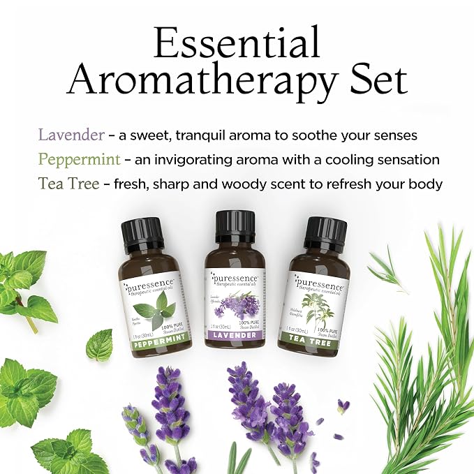 Puressence Oil Set, Blends for Diffusers, 100% Pure Essential Oils, Aromatherapy Oil Fragrances, Essential Oils for Skin, Lavender, Tea Tree and Peppermint, 3 Fl Oz, 3 Pack