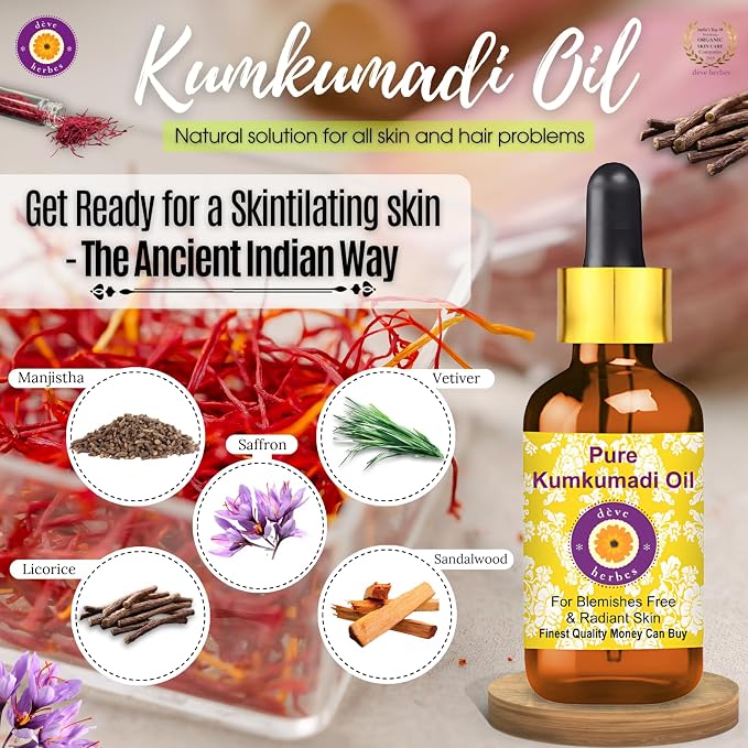 Deve Herbes Kumkumadi Face Oil with Glass Dropper | Traditionally Extracted | Pure | Saffron-Enriched | Non-Sticky | Lightweight | Ancient Ayurvedic Blend | For All Skin Types | Men & Women | 30ml
