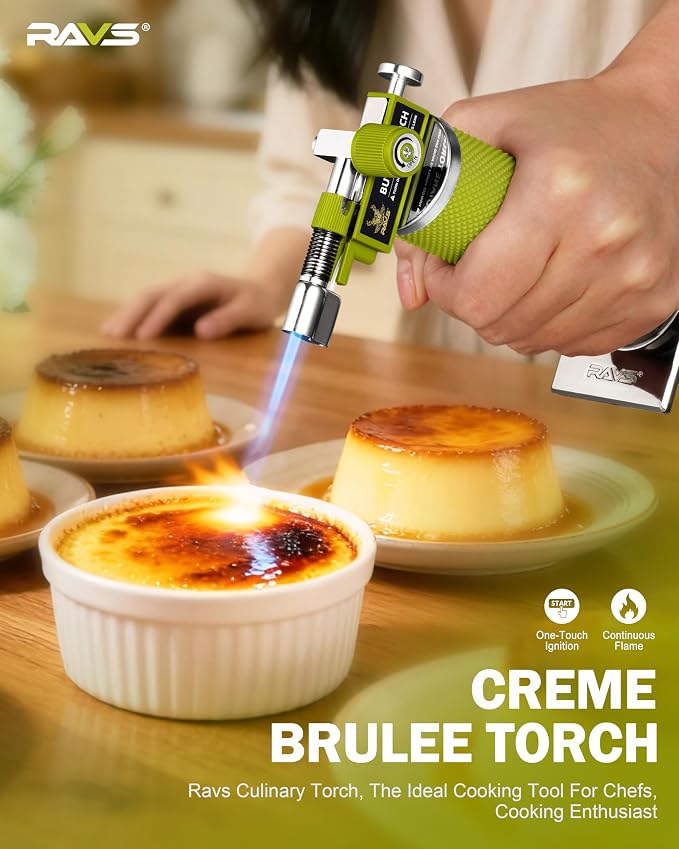 RAVS DUAL Flame Mode Butane Torch Lighter, Refillable Kitchen Torch, Metal Body Creme Brulee Torch for Baking, Cooking, Resin Art with Adjustable Flame, Green Soldering Torch, Butane Gas Not Included