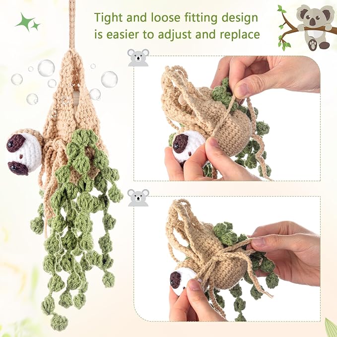 DaisyInner Cute Crochet Plant Car Freshener 12ml Empty Refillable Diffuser Bottle with Plants Hanging Accessories for Ornaments Charms Rearview Mirror Home Office Decor Women Gifts(Sloth)