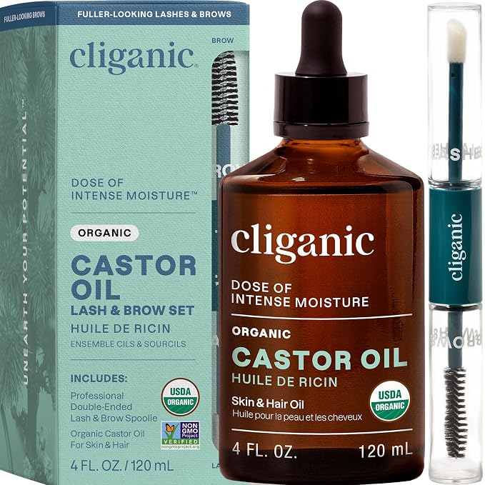 Cliganic Organic Castor Oil, 100% Pure (4 oz Glass Bottle with Eyelash Kit) - For Eyelashes, Eyebrows, Hair & Skin