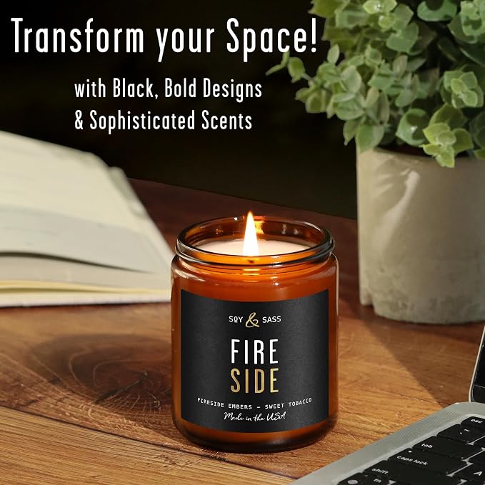 Campfire Wood Fireside Candle I Scented Black Candles for Men or Women - Woodsy, Smores & Campfire Soy Wax Mens Fire Candle - Infused w/Essential Oils |Long 50Hr Burn, 9oz I Non Toxic I Made in USA