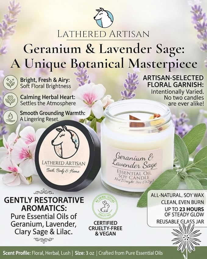 Geranium & Lavender Sage Essential Oil Candle 3 oz, Hand Crafted Pure Soy Wax Candle Wooden Wick, Dried Flowers, 23 Hour Burn Time, Natural Aromatherapy Glass Jar Candle with Lid by Lathered Artisan