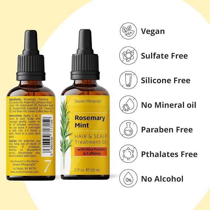 Seven Minerals, NEW Rosemary Oil for Hair Growth, Infused with Rice Protein, Caffeine, Mint and Natural Hair Strengthening Oils, Naturally Thicker, Longer, Softer Hair for Men & Women (2 fl oz)