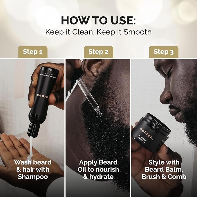 Golden Grooming Co. Beard Care Kit for Men - 5pc Grooming & Growth Set includes Beard Shampoo, Balm, Oil, Wood Comb & Boar Bristle Brush - Men's Self Care Gift Bundle
