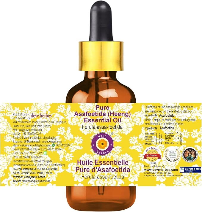 Deve Herbes Pure Asafoetida (Heeng) Essential Oil (Ferula assa-foetida) with Glass Dropper Natural Therapeutic Grade Steam Distilled 10ml (0.33 oz)