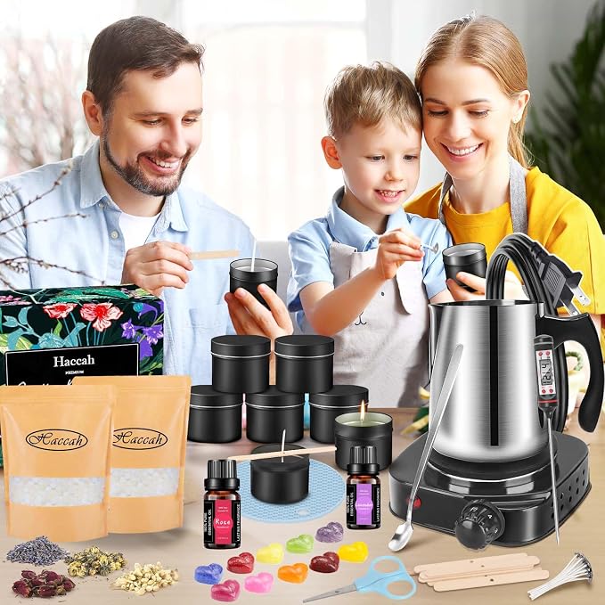 Haccah Candle Making Kit with Wax Melter, DIY Arts&Crafts Gift for Adults,Beginners,Candle Making Supplies,Including Electronic Stove,Rich Scents,Wicks,Melting Pot,Dyes,Candle tins
