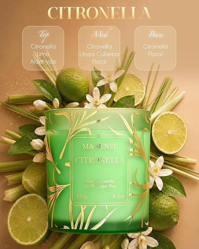 M&SENSE Citronella Soy Candle, 8.1oz 42H Non Toxic Slow Burning, Natural Refresh, Summer Scented Candles Housewarming Gifts