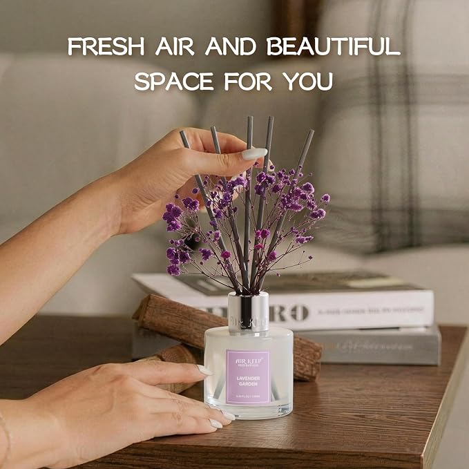 Airkeep Reed Diffuser Set,3.38 fl oz (100 ml) - Lavender Garden Oil Diffusers with 8 Reed Sticks, Home Fragrance Reed Diffuser for Bathroom Shelf Decor