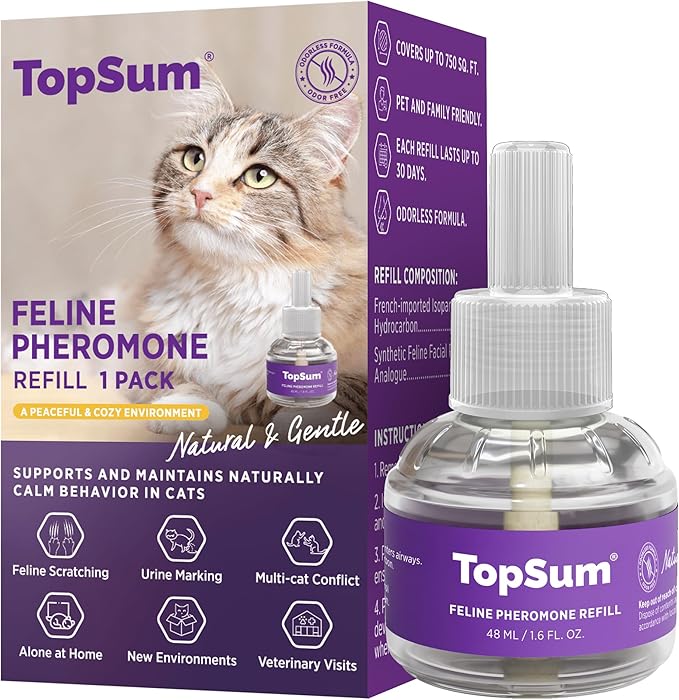 TopSum Cat Calming Pheromone Diffuser: Feline Pheromones Plug in for Stress, Alone At Home, Spraying, Fighting, Scratching, Aggression & Excessive Meowing (Purple– 1 Refill)