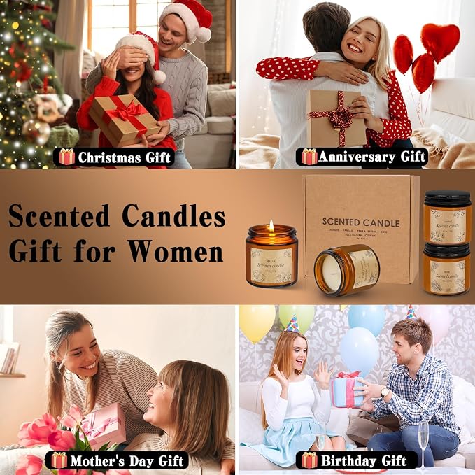 4 Packs Candles for Home Scented, Scented Candles Gifts for Women, Natural Soy Wax Amber Jar Candle, Long Lasting Aromatherapy Candle Gift Set for Birthday Valentine's Day Mother's Day
