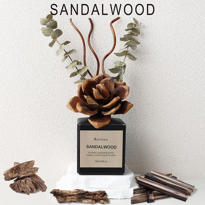 Reed Diffuser Set, Sandalwood & Cedarwood Scented Oil with Dried Flowers, 6.09 Fl Oz(180ml) Long Lasting Air Freshener with Diffuser Sticks, Home Fragrance for Bathroom Decor