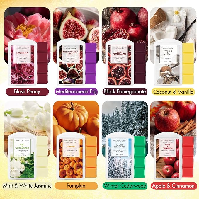 SCENTORINI Wax Melts, Summer Scented Wax Melts, Vanilla & Coconut, Apple & Cinnamon, Pumpkin, Mint & White Jasmine, Winter Cedarwood, Black Pomegranate, Mediterranean Fig, 8x2.5 oz