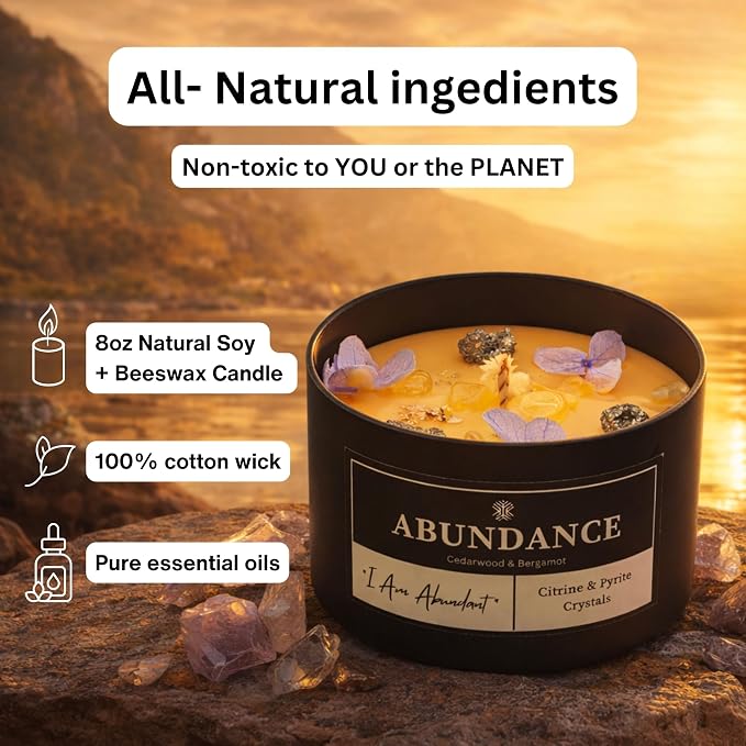 Abundance Crystal Candle – Citrine & Pyrite Crystals for Wealth & Success. Infused Cedarwood & Bergamot Scented Manifestation Candle with Gold Leaf & Hydrangea. Spiritual Gifts for Women