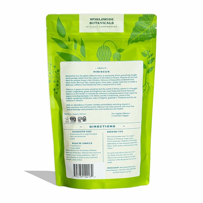 Worldwide Botanicals Organic Hibiscus Tea – 8 oz, Loose Leaf, Cut and Sifted – 100% Egyptian Hibiscus sabdariffa AKA Karkade, Roselle, Sorrel, Zobo, Flor de Jamaica