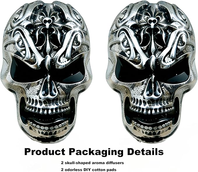 2Pcs Gothic Skull Car Vent Clip Freshener with Cotton Scent Pads | Alloy skull vent diffuser removes odors, suitable for car bathroom Halloween decorative gifts
