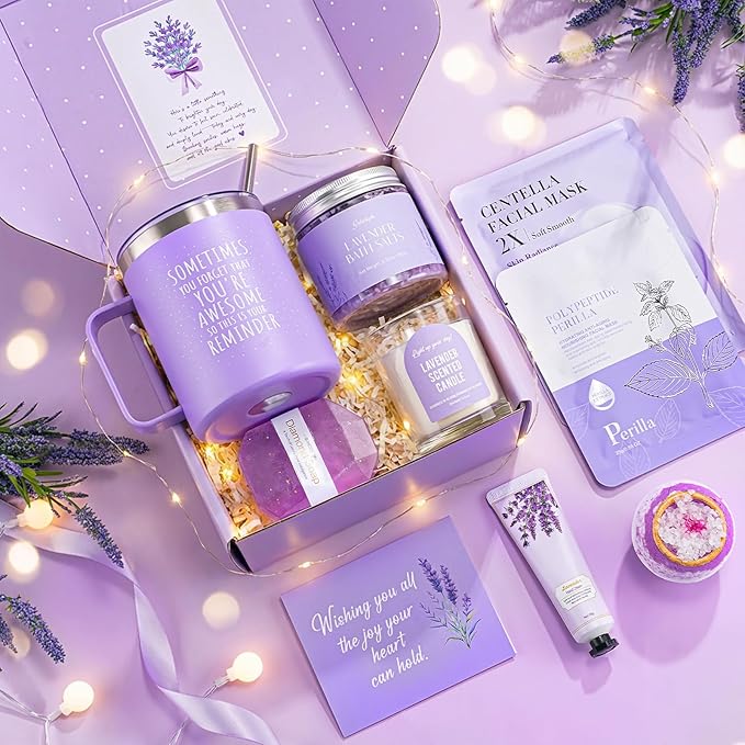 Mothers Day Gifts for Mom, 9pcs Happy Birthday Gifts for Women, Unique Birthday Relaxation Spa Gift Christmas Ideas Relaxing Lavender Set Self Care Gift Basket for Her Mom Sister Friend Teacher