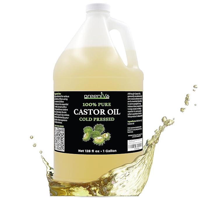 GreenIVe 100% Pure Castor Oil – Cold-Pressed, Hexane-Free – Hair, Eyebrows, Eyelashes, Skin Moisturizer, Castor Pack Wrap Oil Bulk Bottle (1 Gallon) | Cold-Pressed, USP Grade, Hair, Eyebrows, Eyelashes, Skin Moisturizer, Castor Pack Wrap Oil Bulk Bottle