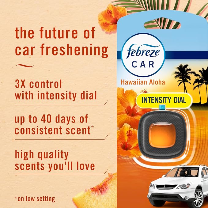 Febreze Car Air Freshener, Odor-Fighting Automotive Vent Clip, Scented Car Accessories, Long Lasting for Strong Odors, Hawaiian Aloha Scent, 4 Count