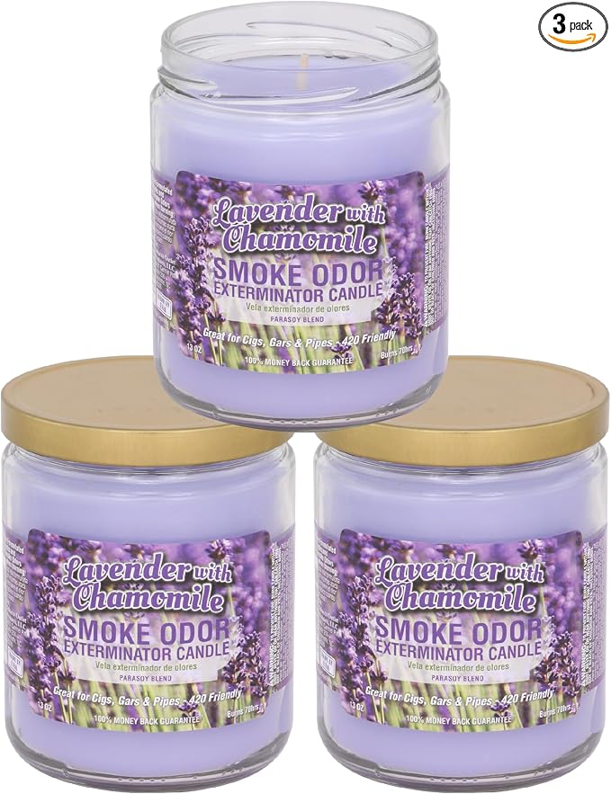Smoke Odor Exterminator 13 oz Jar Candles Lavender Chamomile, (3) Set of Three Candles.