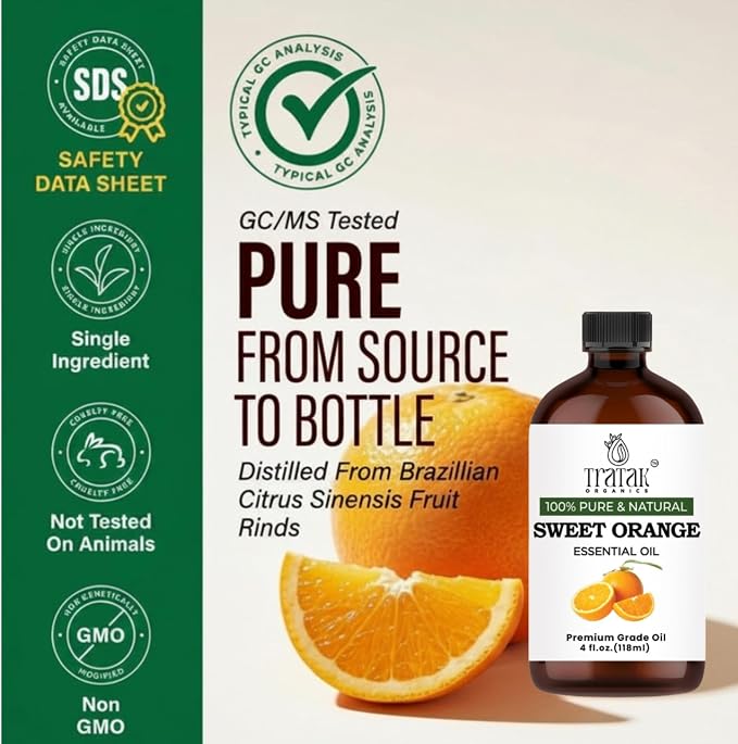 100% Pure Sweet Orange Essential Oil 4 FL OZ – Essential Oil for Citrus Scent, Aromatherapy, Diffuser, Skin, Home Freshener, Therapeutic Grade, Premium Quality with Glass Dropper