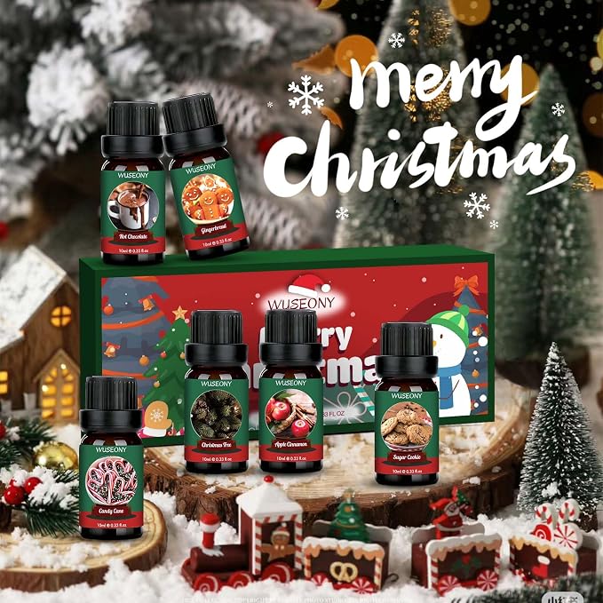 WUSEONY Christmas Fragrance Oils Set, Essential Oils for Diffusers Home, Aromatherapy Oils Gift for Candle Making - Christmas Tree, Apple Cinnamon, Gingerbread, Candy Cane, Sugar Cookie, Hot Chocolate
