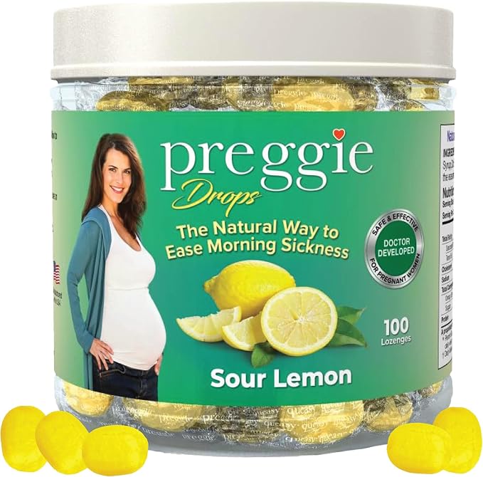Three Lollies Preggie Drops Pregnancy Nausea Relief Drops with Vitamin B6 and Essential Oils, Morning Sickness and Queasy Stomach Support for Pregnant Women, Sour Lemon, 100 Count