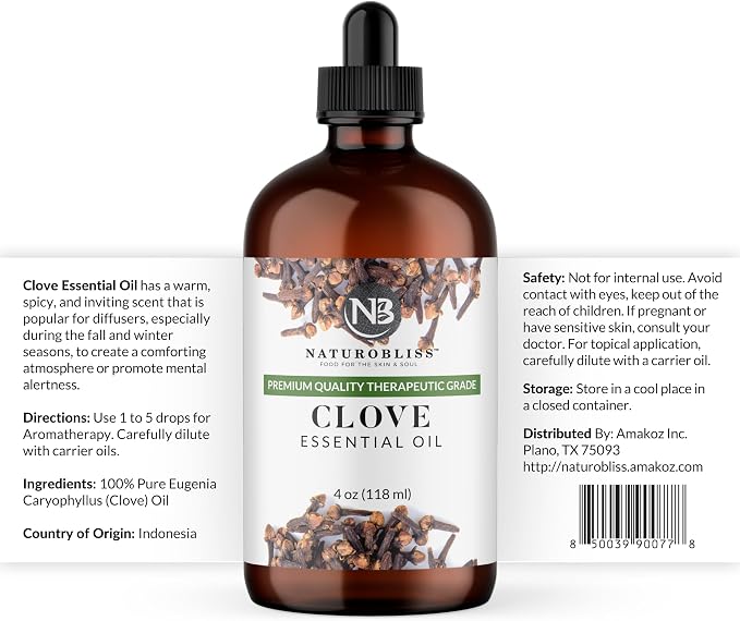 NaturoBliss Clove Essential Oil 4 oz – 100% Pure Clove Bud Oil for Aromatherapy, Diffuser & Humidifier Use, Warm Spicy Scent for Home Fragrance, Large Amber Glass Bottle