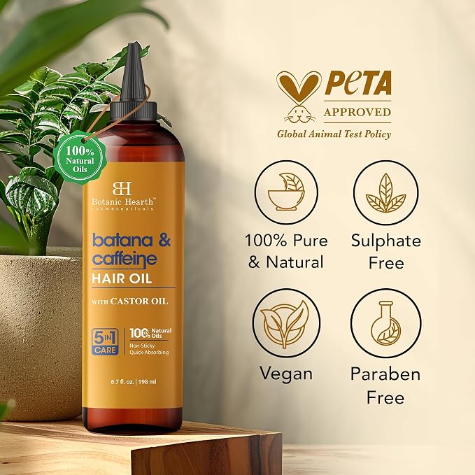 Botanic Hearth 100% Pure Batana & Caffeine Oil For Hair Growth & Hair Treatment Oils 6.7 Fl oz | Infused with coconut Oil | Hair Oil Repairs Dry Damaged Hair, Strengthening, Healthier|All Hair Types