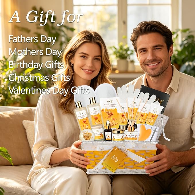 Honey Almond Bath Gift Set - 21Pcs Moisturizing & Relaxing Spa Gift Basket for Women & Men