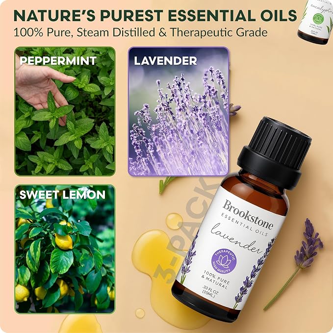 Brookstone Essential Oil Herbal Collection – 100% Pure Steam Distilled Therapeutic Grade Essential Oil Set for Aromatherapy Diffuser and Topical Use | Lemon, Lavender, Peppermint | 3-Pack 10ml Bottles