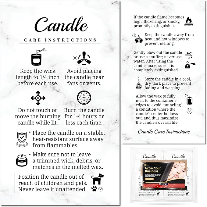 100 pack - Premium Handmade Candle Care Instruction Cards White 2x3.5 in, Small Business | Soy Bees Wax Melt, Candle Makers, Making Supplies Kit Set, Containers, Jars, Pot, Package