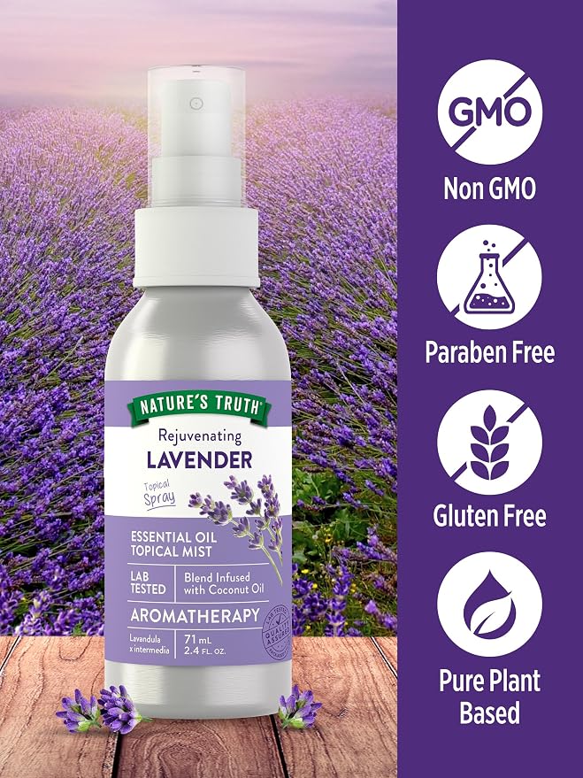 Nature's Truth Lavender Essential Oil Spray | 2.4 fl oz | Room Aroma Mist, Topical Use, & Yoga